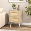 Rattan nightstand with two storage drawers, natural wood finish, perfect for bedside essentials in a boho style.