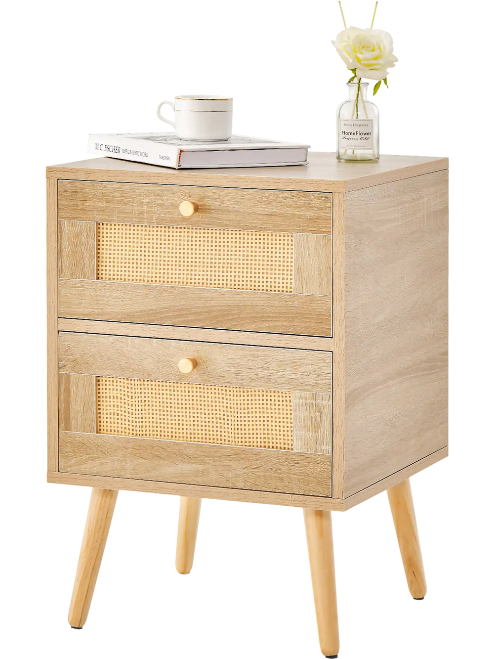 Rattan nightstand with two storage drawers in natural finish, perfect for bedside essentials and rustic decor.