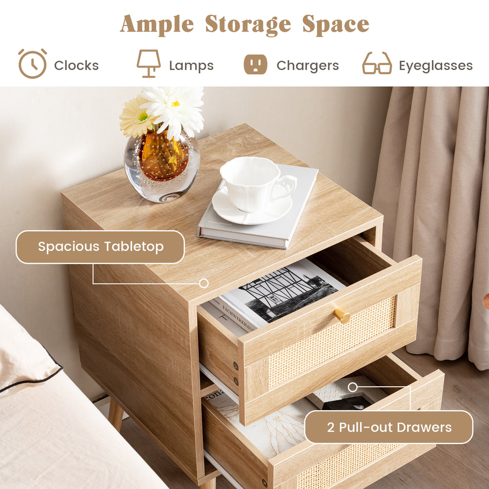 Rattan nightstand with spacious tabletop and two pull-out drawers, perfect for bedside storage and rustic decor.
