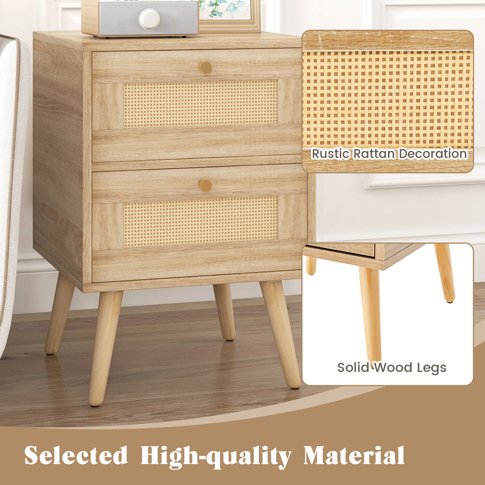 Rattan nightstand with two storage drawers, natural wood finish, rustic accent, perfect for bedside organization.