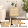 Rattan nightstand with two storage drawers, natural wood finish, stylish golden knobs, and protective foot pads for.