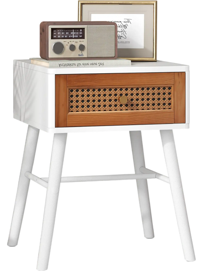Costway Rattan Mid Century Modern Nightstand Accent Side Table with Drawer White 43517296 New