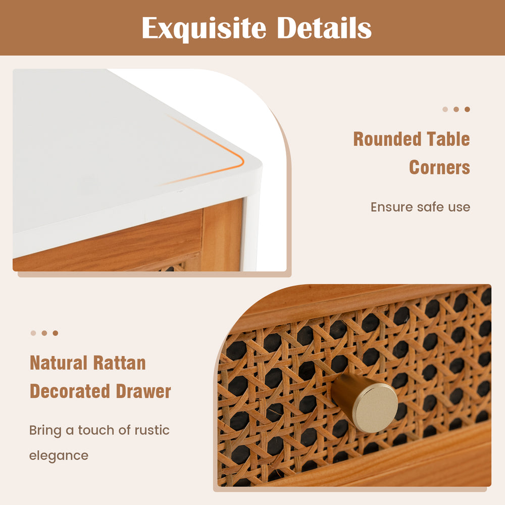 Rattan nightstand with rounded corners and natural rattan drawer, perfect for rustic elegance in any room.