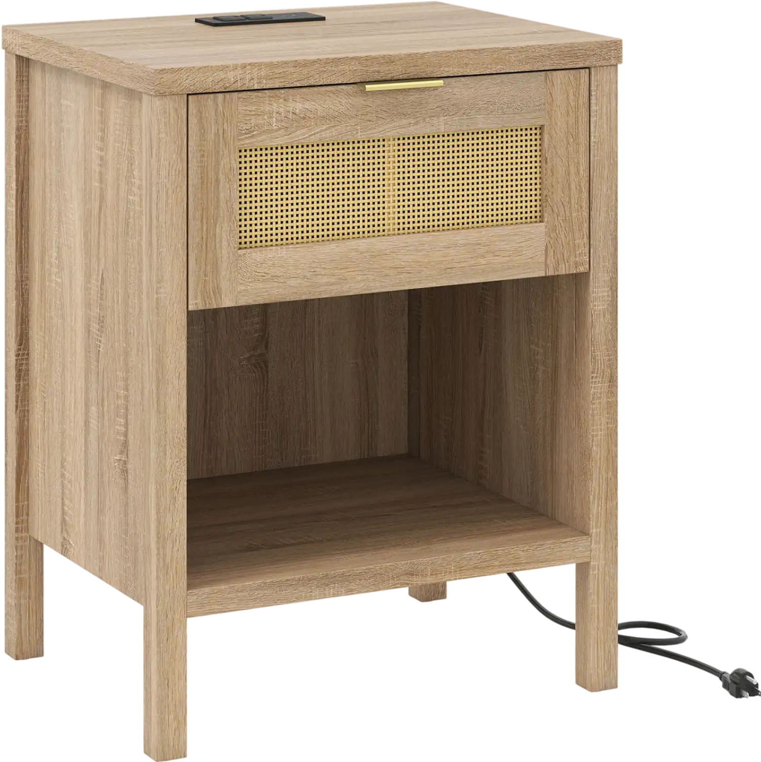 Costway Rattan Nightstand Side Table w/ Charging Station Storage Shelf 68745831 New