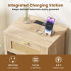 Rattan nightstand with integrated charging station, oak finish, spacious drawer, and open compartment for bedside.