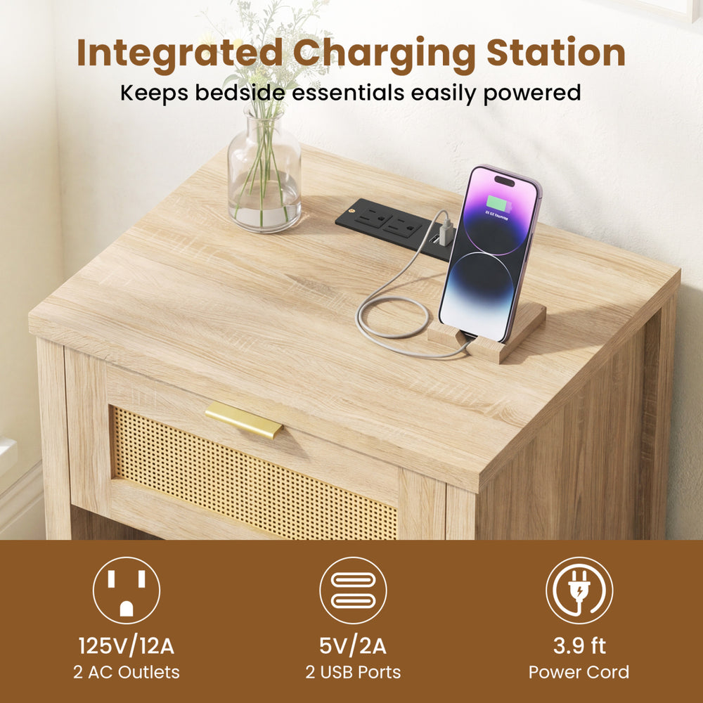 Rattan nightstand with integrated charging station, oak finish, spacious drawer, and open compartment for bedside.