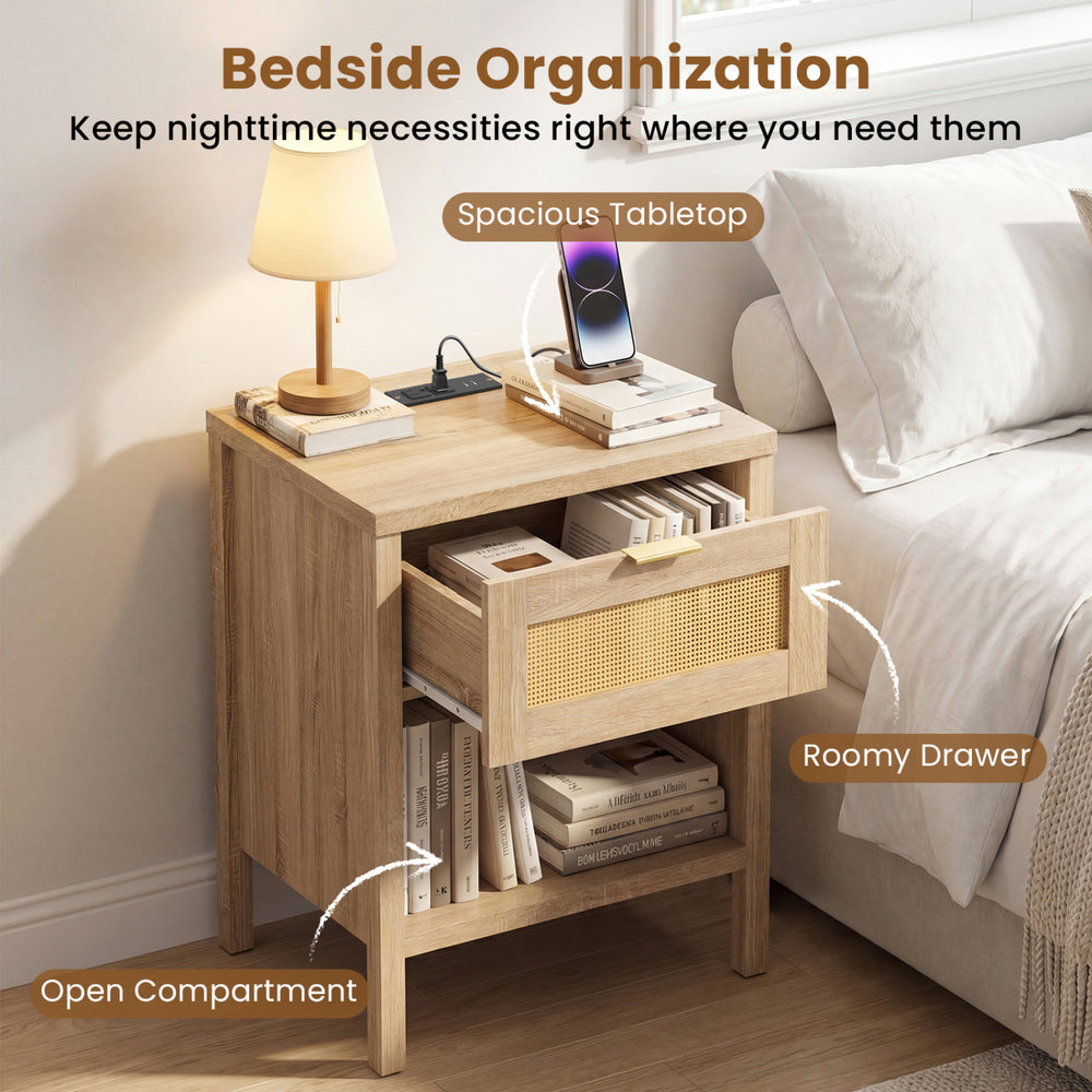 Rattan nightstand with spacious tabletop, roomy drawer, and charging station for organized bedroom essentials.