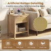 Rattan nightstand with charging station, oak finish, featuring artificial rattan detailing for a stylish bedside.