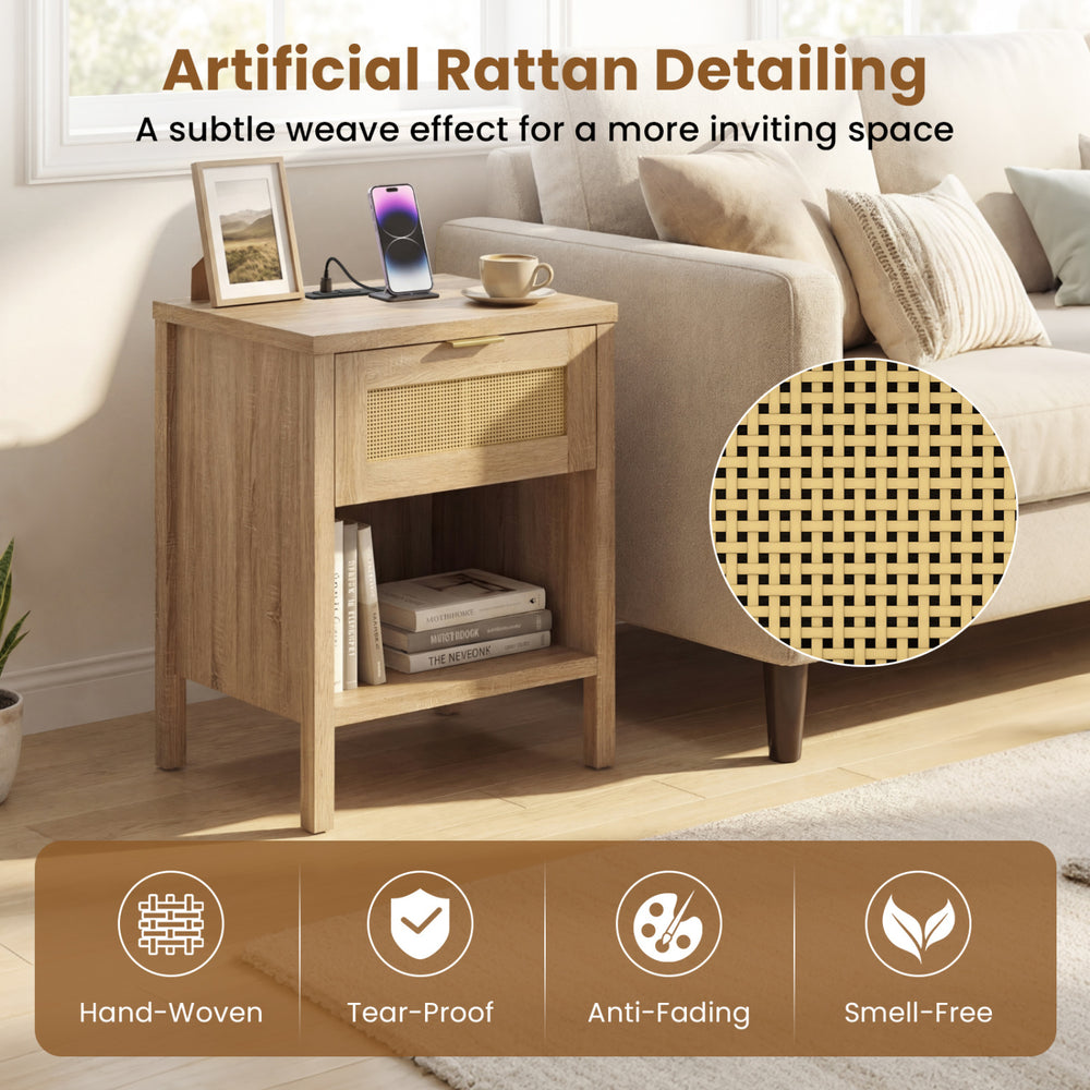 Rattan nightstand with charging station, oak finish, featuring artificial rattan detailing for a stylish bedside.