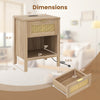 Rattan nightstand with charging station, oak finish, featuring a spacious drawer and open shelf for bedroom.