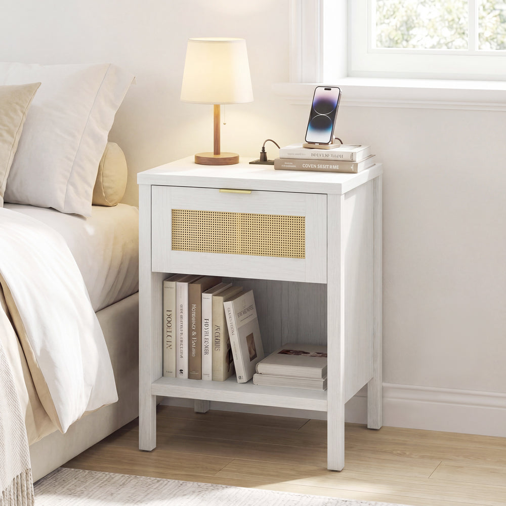 Rattan Nightstand with Charging Station and Storage Shelf for Bedroom-White - Gallery View 1 of 10