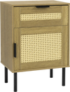 Rattan nightstand featuring a drawer and storage cabinet, designed for bedroom use with a natural wood finish and metal legs.