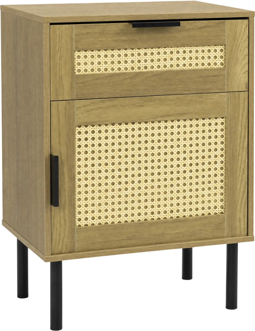 Rattan nightstand featuring a drawer and storage cabinet, designed for bedroom use with a natural wood finish and metal legs.