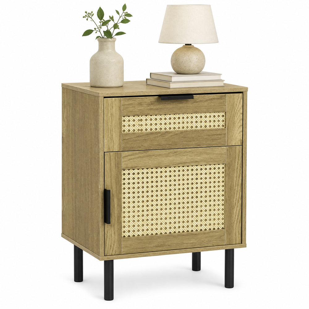 Rattan nightstand featuring a drawer and storage cabinet, designed for bedrooms with a modern rustic look and large storage space.