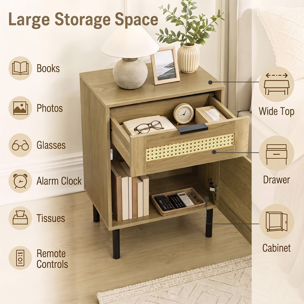 Rattan nightstand with a wide top, drawer, and cabinet offers ample storage space for bedroom essentials.