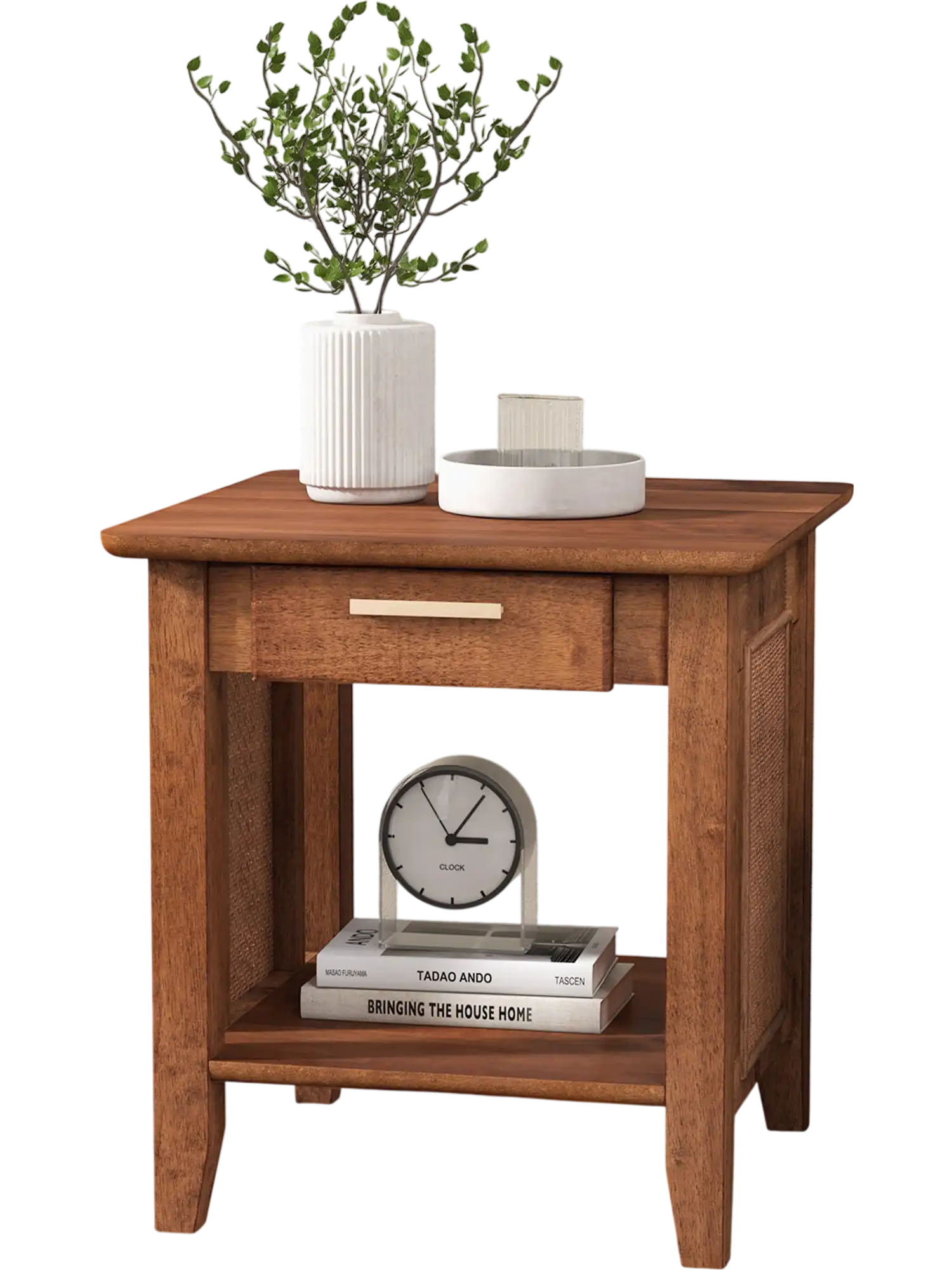 Costway Rattan Nightstand End Table Drawer Storage Shelf Walnut 34271965 New