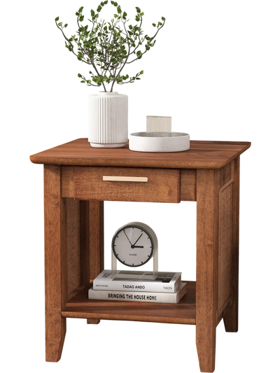 Costway Rattan Nightstand End Table Drawer Storage Shelf Walnut 34271965 New