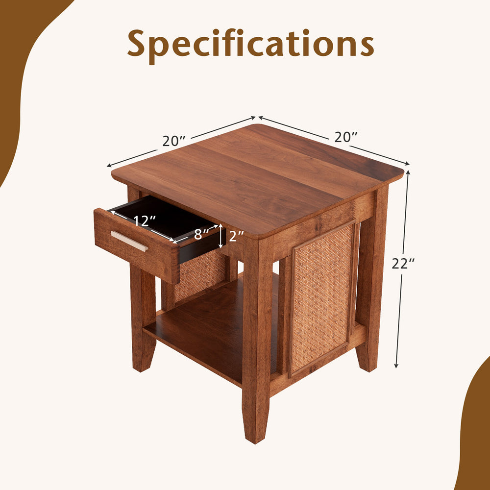 Rattan nightstand end table in walnut with drawer and storage shelf, ideal for lamps and personal items.