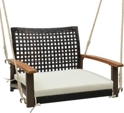 Costway Single Rattan Porch Swing w/ Armrests Cushion Hanging Ropes 92351786 New