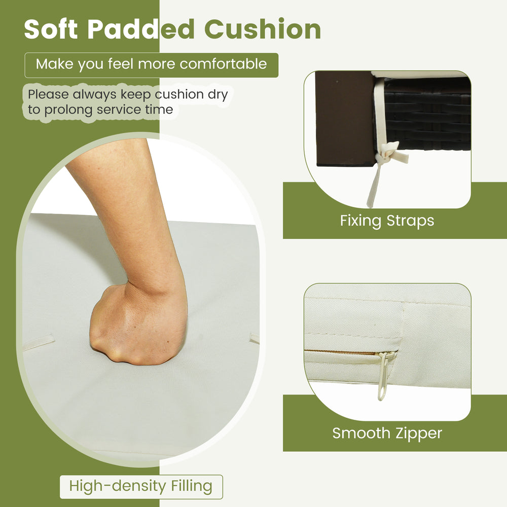 Single rattan porch swing with white soft padded cushion, fixing straps, and smooth zipper for easy cleaning outdoors.
