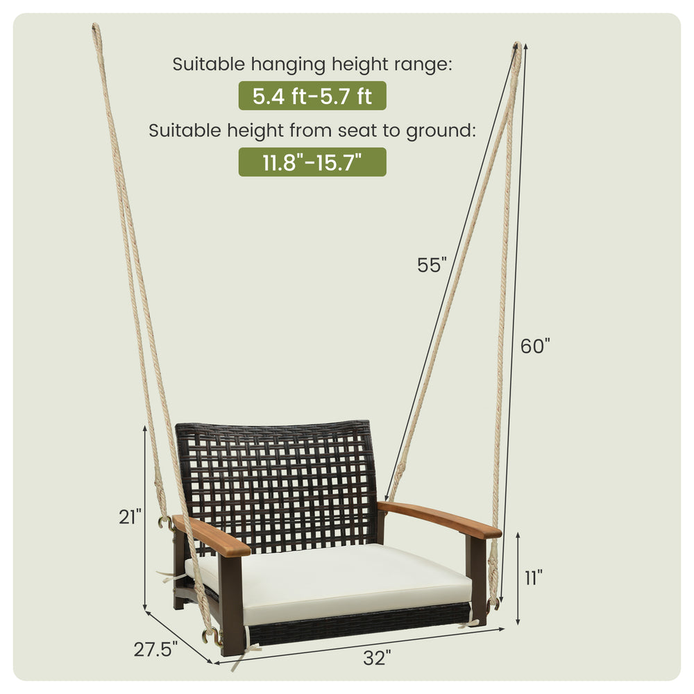 Single rattan porch swing with armrests and cushion, featuring durable PE wicker and suitable for outdoor use.