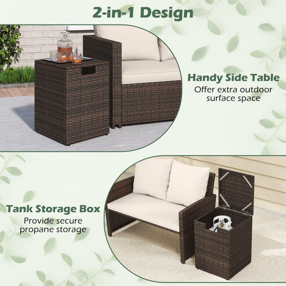 Rattan propane tank cover and side table in brown, featuring a flip-top lid for secure storage and outdoor use.