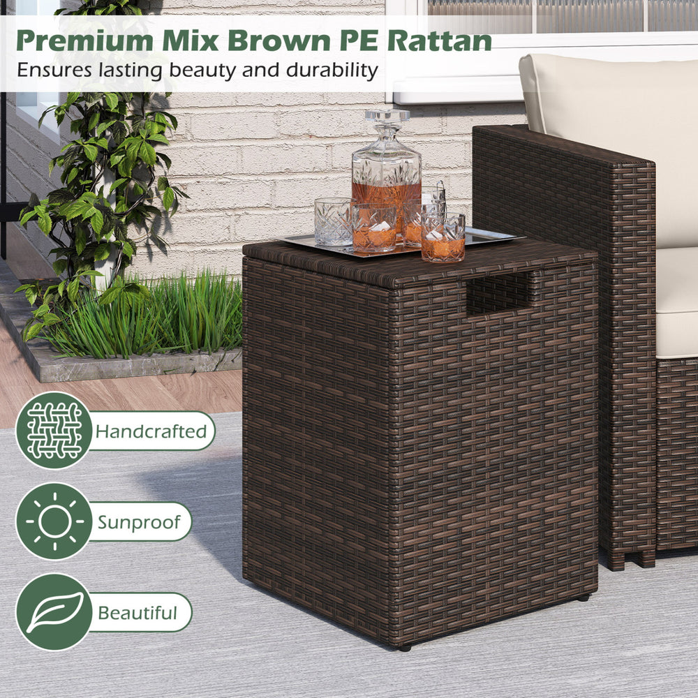 Brown PE rattan propane tank cover with flip-top lid, ideal as a side table for patios and outdoor spaces.