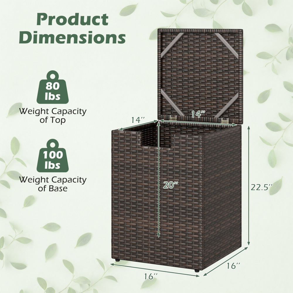 Rattan propane tank cover with flip-top lid, 20 lbs capacity, ideal for patio storage and side table use.