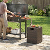 Rattan propane tank cover in brown, serving as a side table with flip-top lid for outdoor patio storage.