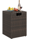Rattan propane tank cover side table in brown with flip-top lid for outdoor patio storage and organization.
