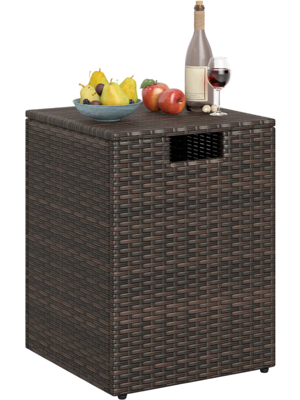 Rattan propane tank cover side table in brown with flip-top lid for outdoor patio storage and organization.