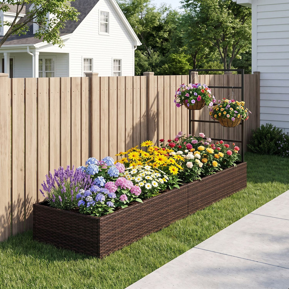 Rattan raised garden bed with trellis and two planter boxes, featuring adjustable foot pads for added stability in outdoor settings.