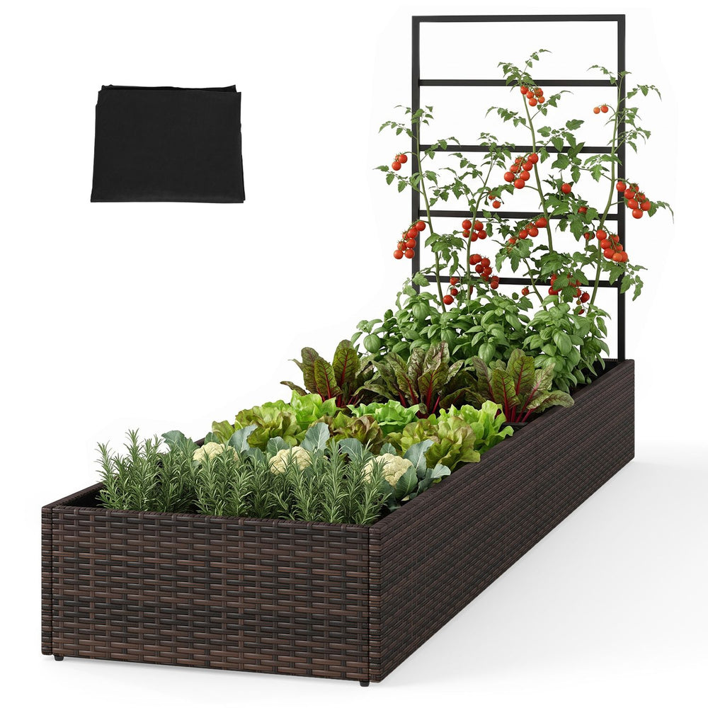 Rattan raised garden bed with trellis and two planter boxes, ideal for growing vegetables and herbs in outdoor spaces.