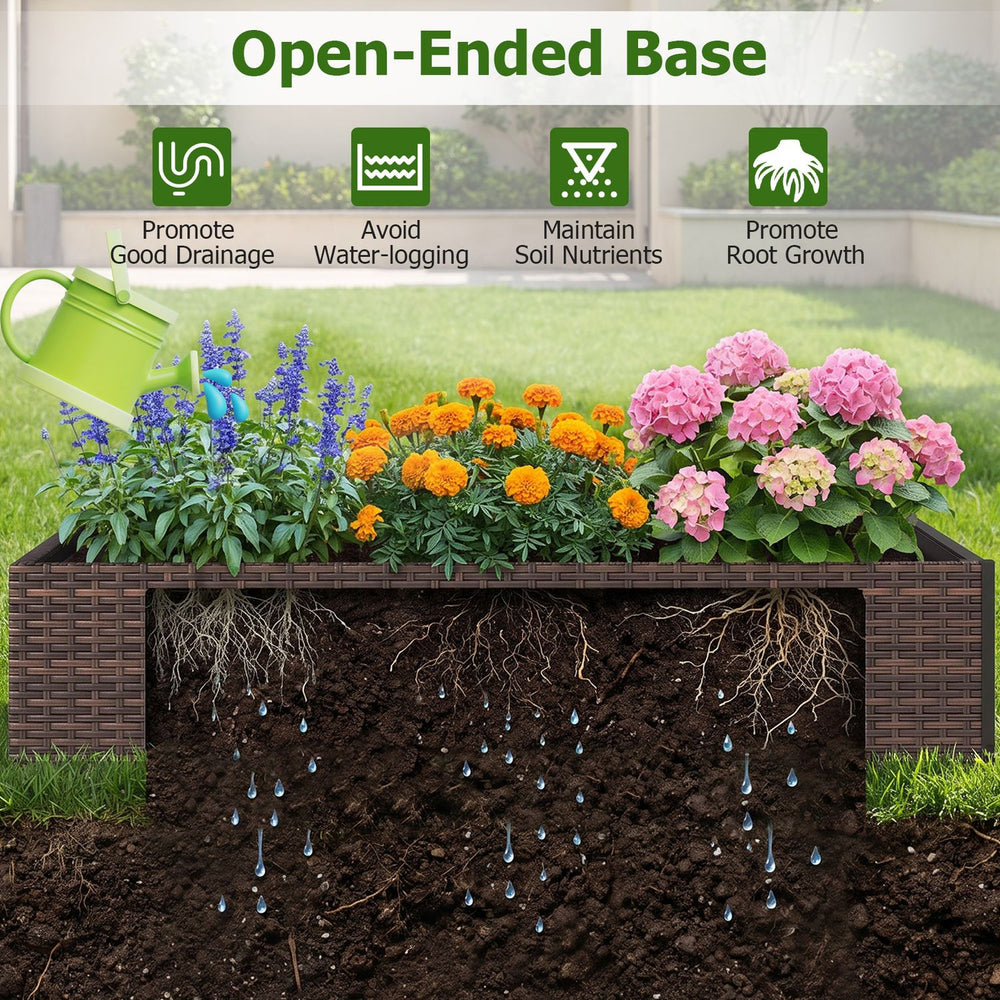 Rattan raised garden bed with trellis and two planter boxes promotes drainage and supports various plants in any outdoor space.