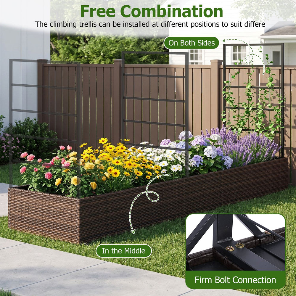 Rattan raised garden bed showcases a climbing trellis and planter boxes, perfect for enhancing garden aesthetics and plant growth.