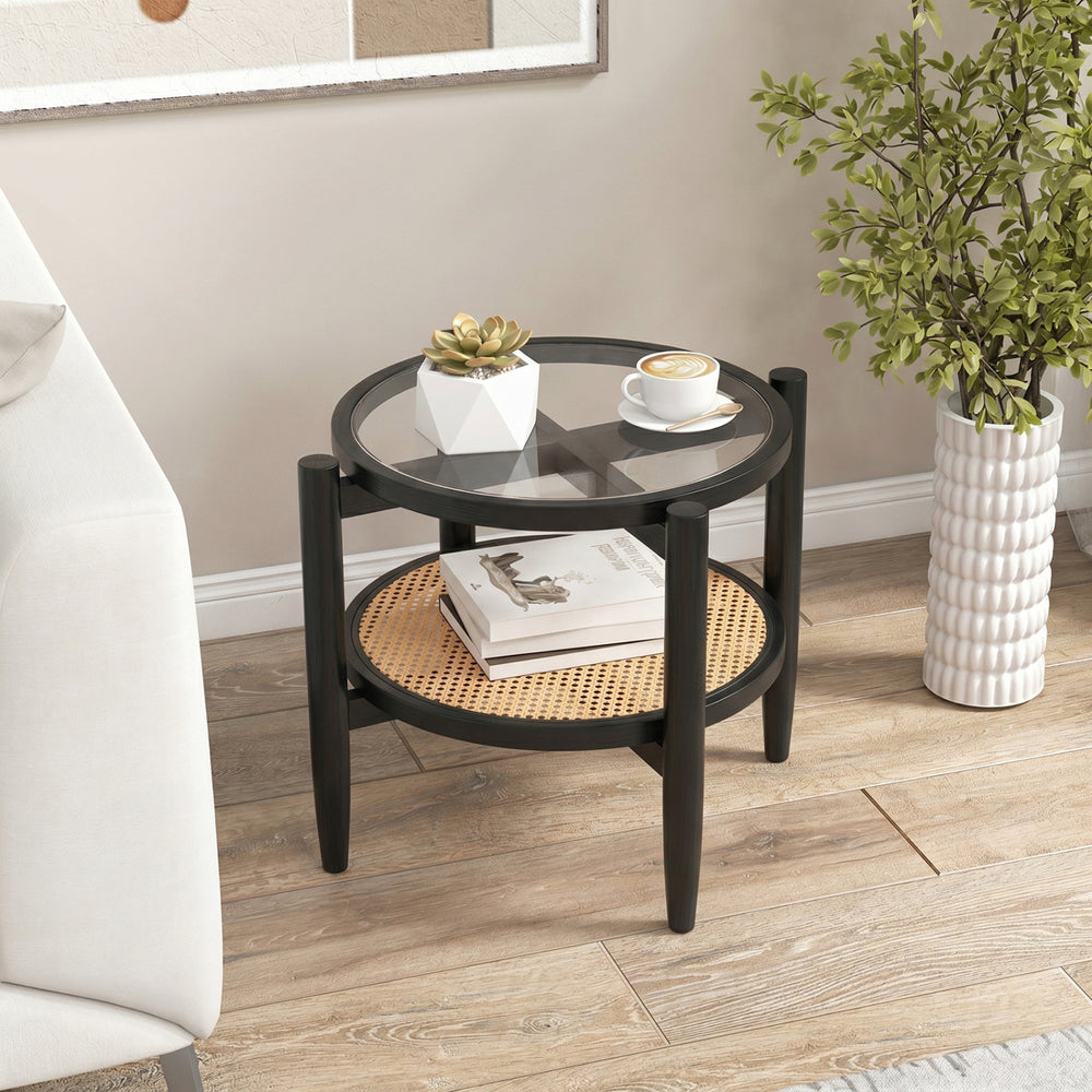 Rattan round side end table with tempered glass top, acacia wood legs, and 2-tier storage for versatile use in any room.