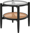 Rattan round side end table with tempered glass top, featuring acacia wood legs and 2-tier storage for versatile use.