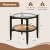 Rattan round side end table with tempered glass top, acacia wood legs, and two-tier storage for versatile use.