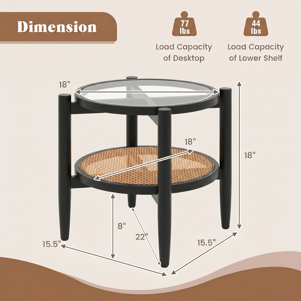 Rattan round side end table with tempered glass top, acacia wood legs, and two-tier storage for versatile use.