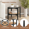Rattan round side end table with tempered glass top, acacia wood legs, and 2-tier storage for versatile use.