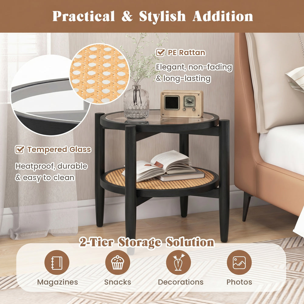 Rattan round side end table with tempered glass top, featuring acacia wood legs and 2-tier storage for magazines and.