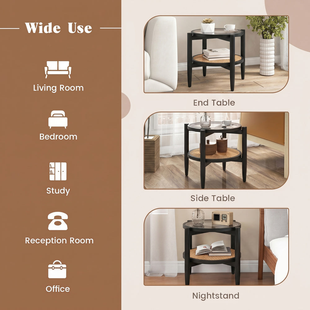 Rattan round side end table with tempered glass top, acacia wood legs, ideal for living room, bedroom, or office use.