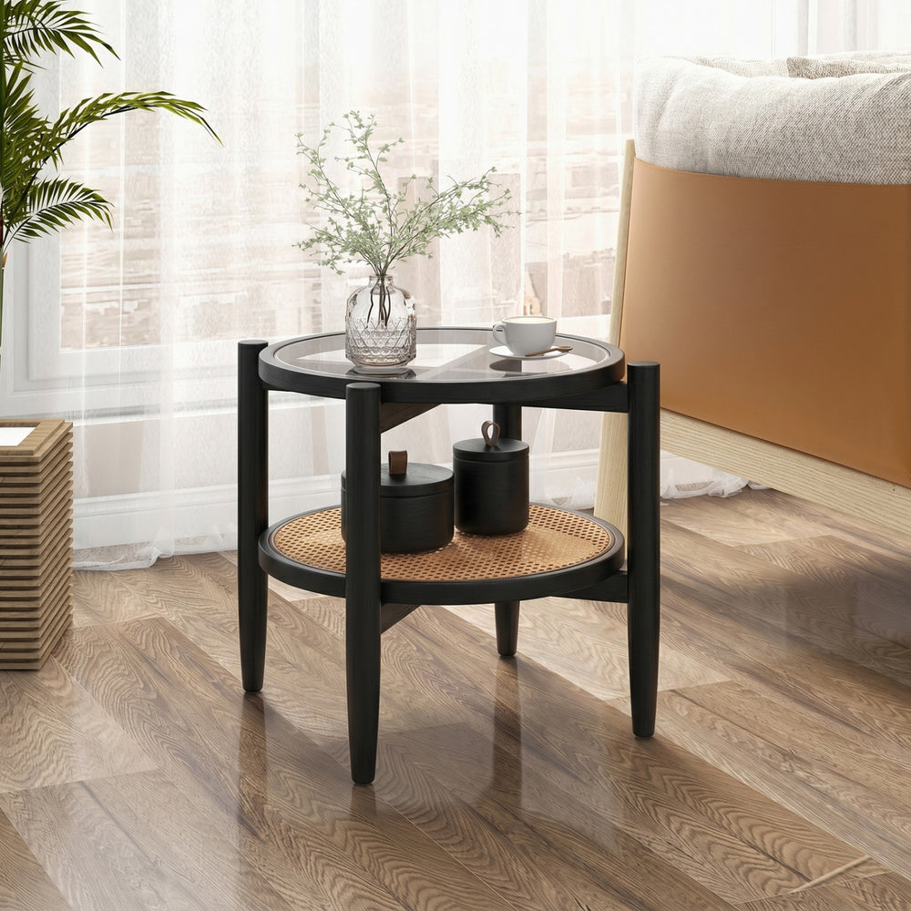 Rattan round side end table with tempered glass tabletop, featuring acacia wood legs and 2-tier storage for versatile.