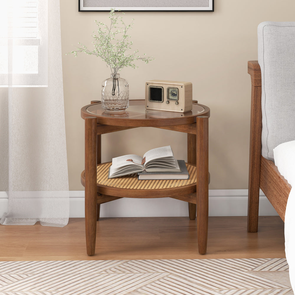 Rattan Round Side End Table with Tempered Glass Tabletop-Walnut - Gallery View 1 of 9