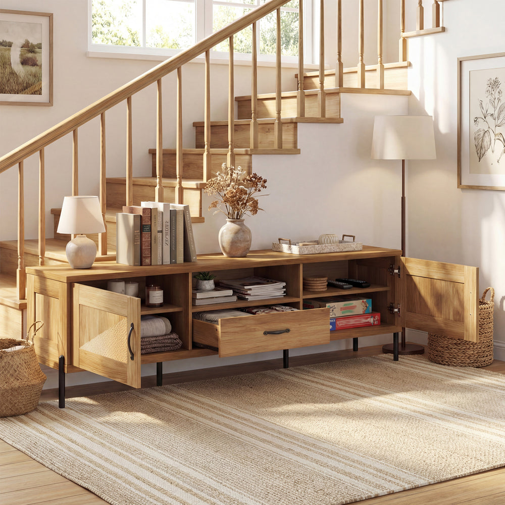 Rattan TV stand with natural finish, featuring two storage cabinets and open shelf, perfect for TVs up to 80".