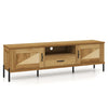 Rattan TV stand with natural finish, featuring 2 storage cabinets and open shelf, ideal for TVs up to 80".