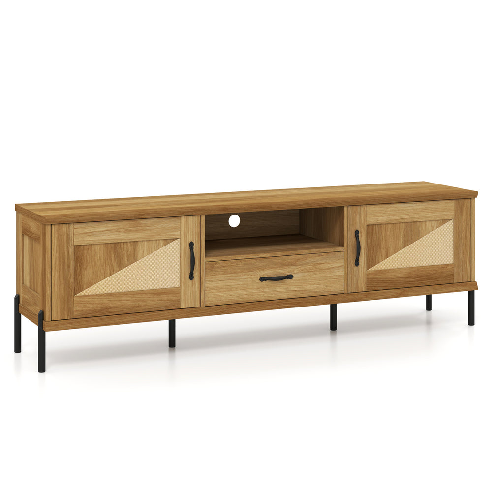 Rattan TV stand with natural finish, featuring 2 storage cabinets and open shelf, ideal for TVs up to 80".