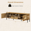 Rattan TV stand with dimensions, featuring 2 storage cabinets, open shelf, and large drawer for versatile organization.
