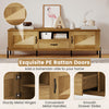 Rattan TV stand with natural finish, featuring PE rattan doors, two cabinets, and smooth drawer slides for stylish.