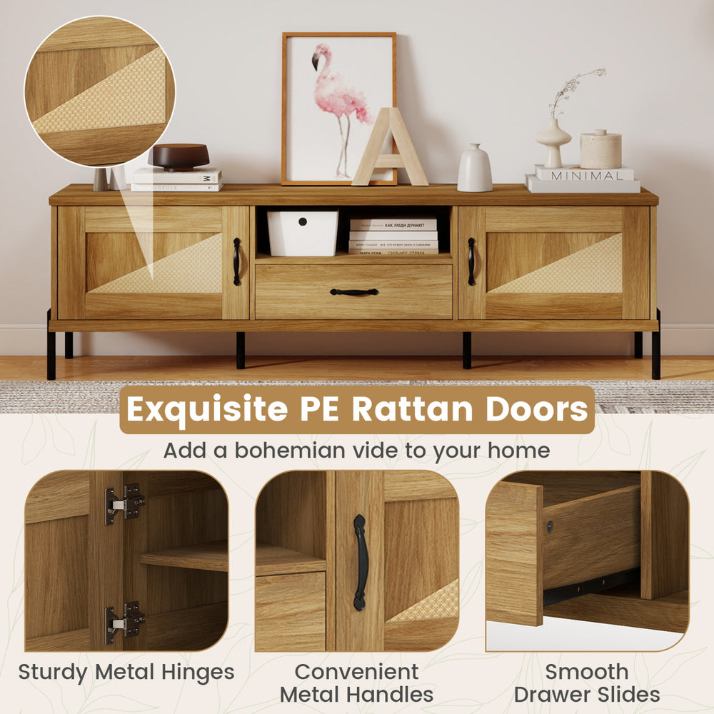 Rattan TV stand with natural finish, featuring PE rattan doors, two cabinets, and smooth drawer slides for stylish.